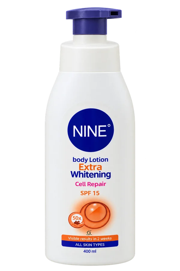 Flacon-pompe NINE Extra Whitening 400 ml, blanc avec étiquette orange