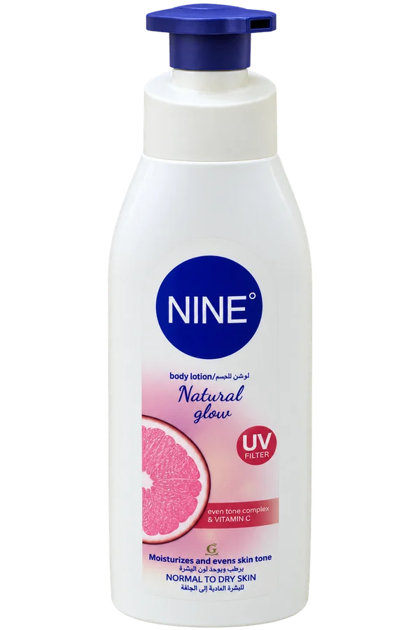 Flacon de lotion NINE Natural Glow avec étiquette rose et pompe violette