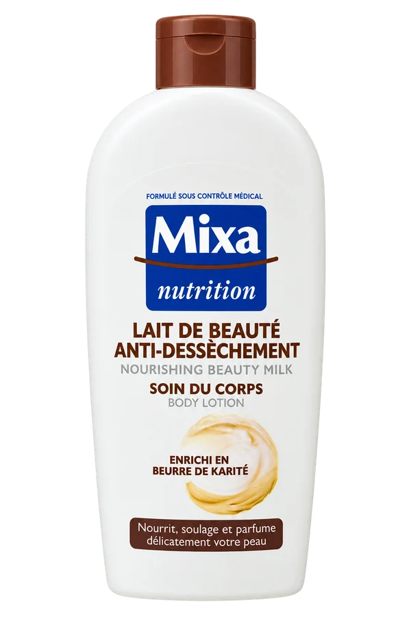 Mixa Nutrition au beurre de karité, flacon blanc avec bouchon brun