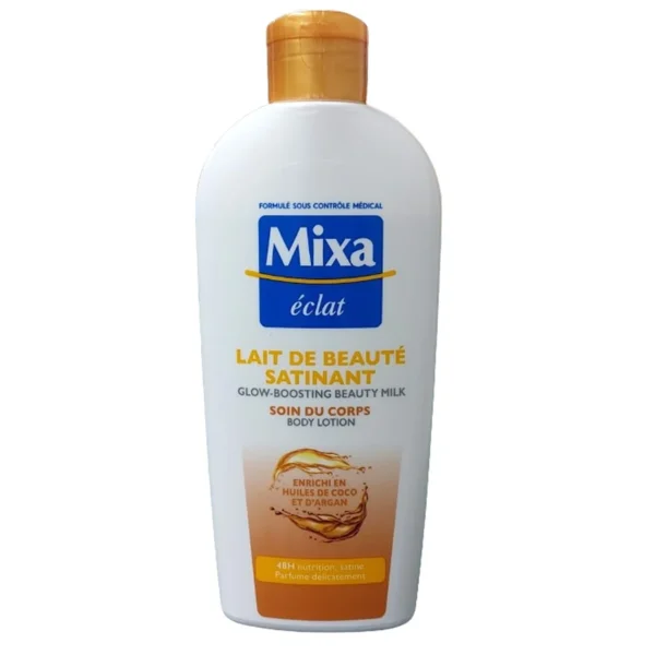 Flacon Mixa Éclat satinant aux huiles de coco et d’argan, bouchon jaune