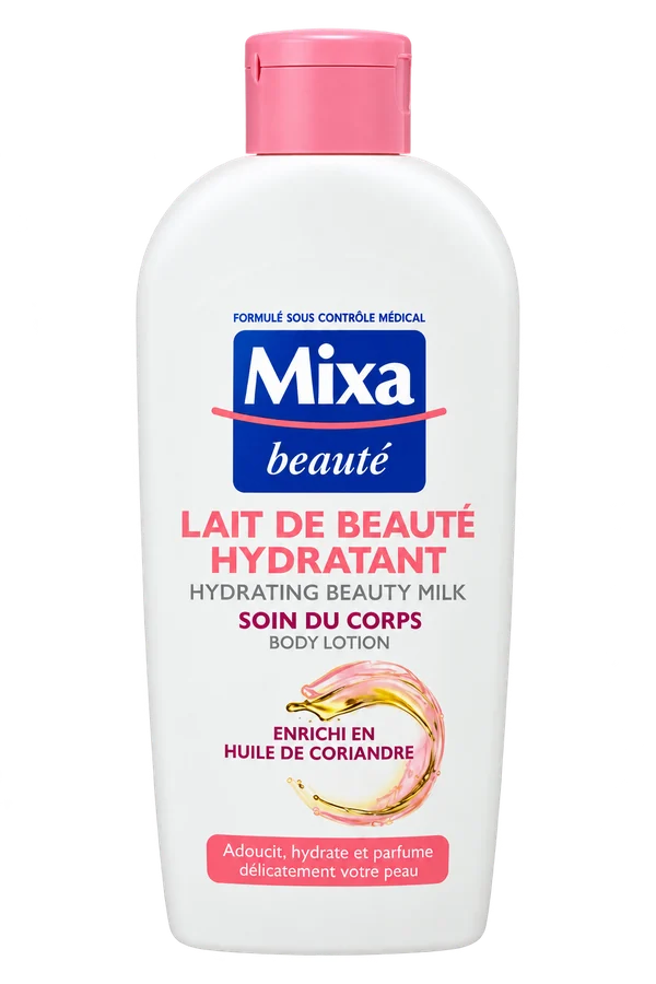 Mixa Beauté hydratant à l’huile de coriandre, flacon blanc et bouchon rose