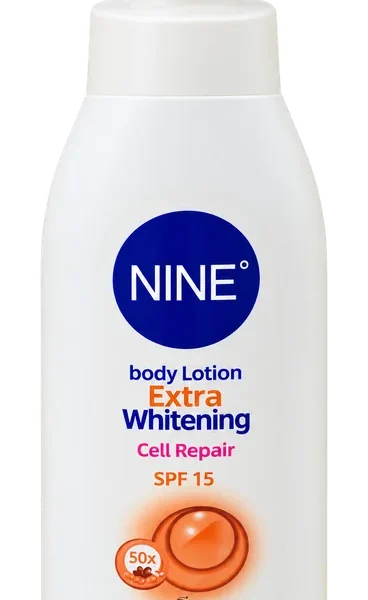 Flacon-pompe NINE Extra Whitening 400 ml, blanc avec étiquette orange