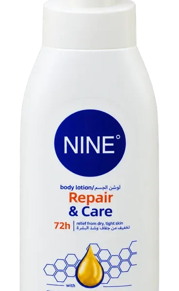 Lotion NINE Repair & Care avec goutte jaune sur flacon blanc