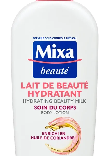 Mixa Beauté hydratant à l’huile de coriandre, flacon blanc et bouchon rose