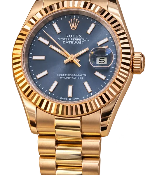 Montre ronde de teinte doré rosé, cadran bleu-gris et bracelet à maillons