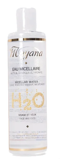 Eau micellaire Mayana H2O en flacon transparent.