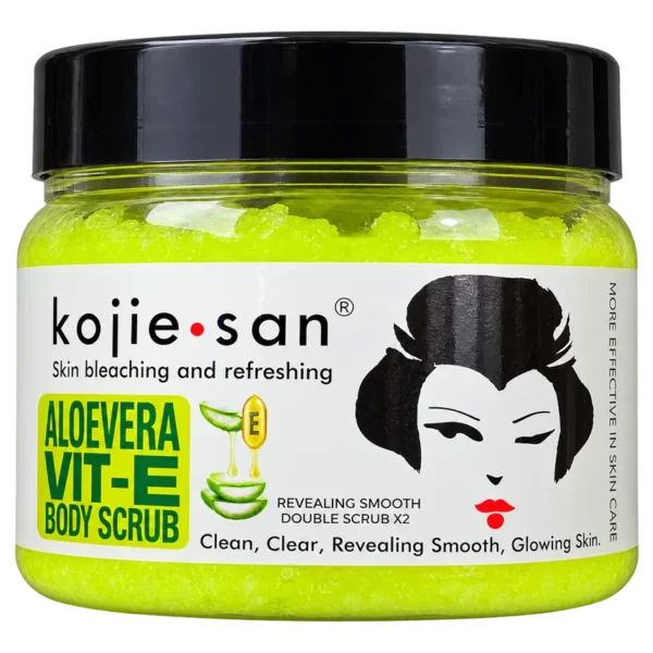 Gommage corporel kojie.san Aloe Vera Vit-E en pot vert à couvercle noir.