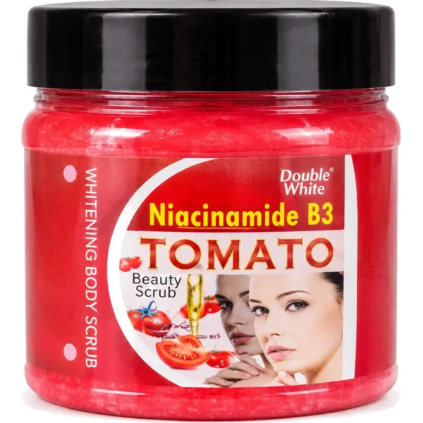 Gommage corporel Tomato Niacinamide B3 en pot rouge à couvercle noir.