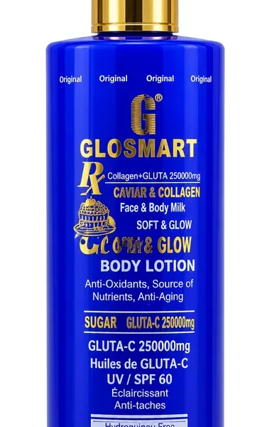 Lait corporel Glosmart Caviar & Collagen en flacon bleu de 500 ml.